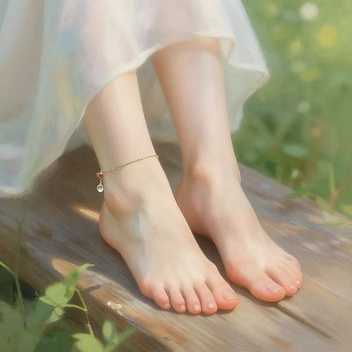 Photograph of pale, bare feet with a delicate anklet, resting on a sunlit wooden log in a green, grassy outdoor setting.