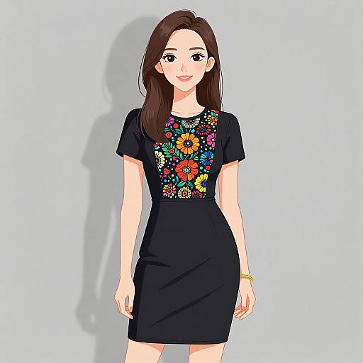 Digital illustration of a young woman with long brown hair, wearing a black dress with colorful floral embroidery, standing against a light blue background.