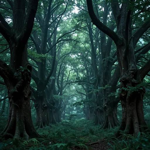 Photograph of a dense, misty forest with tall, dark tree trunks and lush green foliage, creating a mysterious, ethereal atmosphere.
