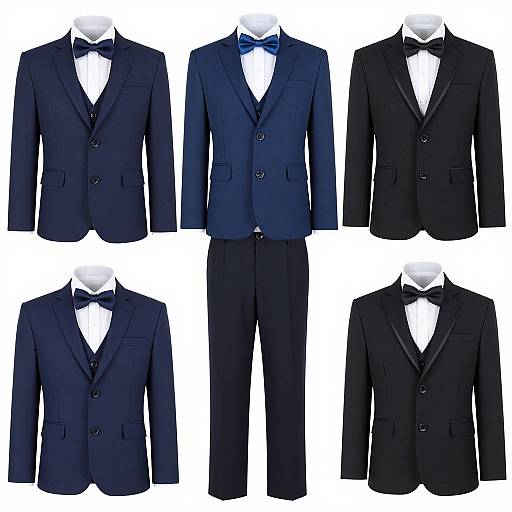 Photograph of six dark navy blue and black formal suits with bow ties and white dress shirts, arranged in a grid.