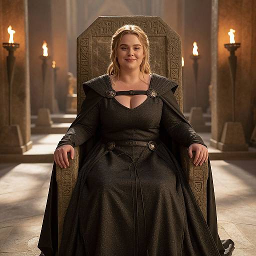 Photograph of a blonde woman with fair skin, wearing a black medieval gown, seated on an ornate throne in a dimly lit, candle-l