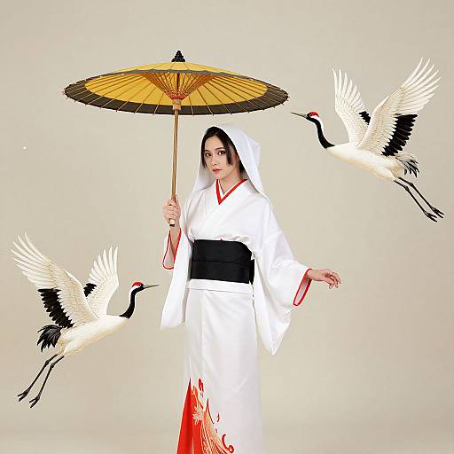Graceful Woman with Cranes in Winter