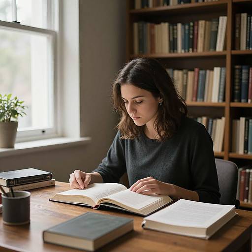 Photograph of a young woman with shoulder-length brown hair, wearing a black sweater, reading a book at a wooden table in a sunlit library,