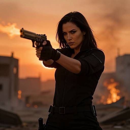Photograph of a fierce, dark-haired woman in black tactical gear, firing a handgun against a fiery, orange sunset urban backdrop.
