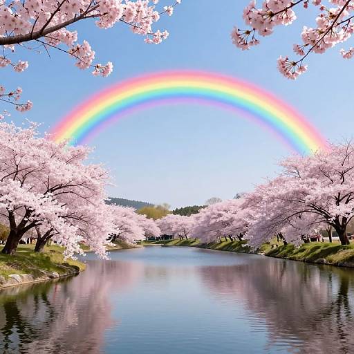 Photograph of a vibrant rainbow arching over a serene cherry blossom-lined river, with pink blossoms framing the sky and reflecting in the water.