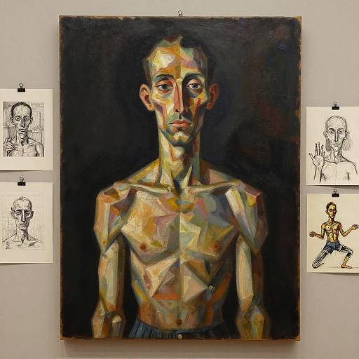 Painting of a muscular, shirtless man with colorful geometric patterns on a dark background, flanked by four black and white sketches.
