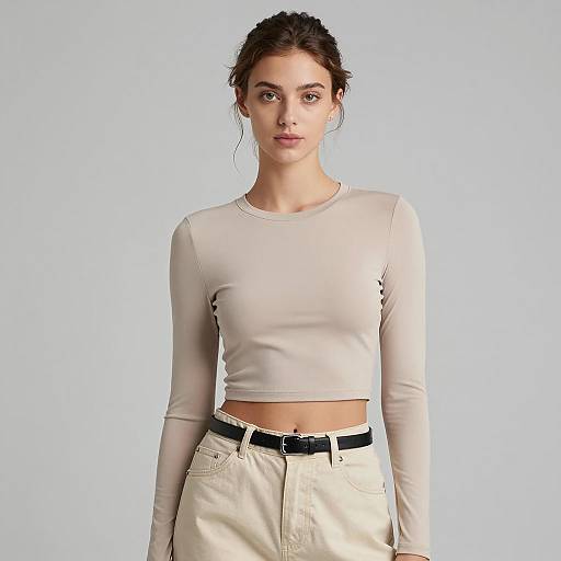 Young Woman in Beige Crop Top and High-Waisted Pants