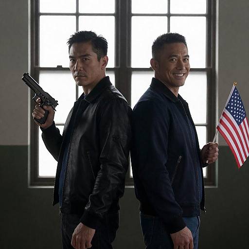 Back-to-Back Men with Gun and Flag