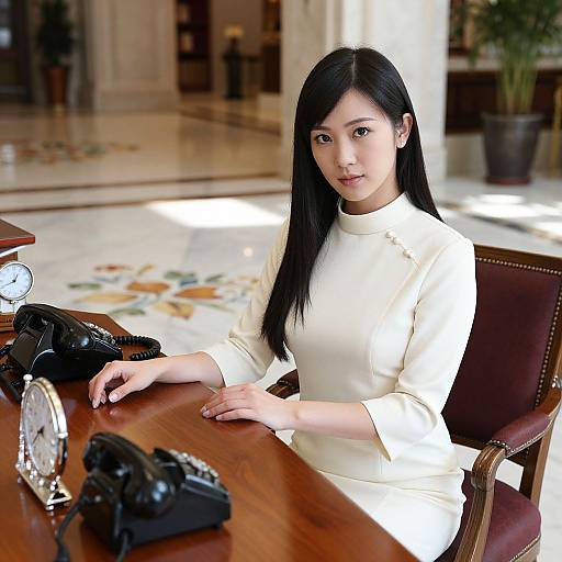 Photograph of an Asian woman with long black hair, wearing a white, high-collared dress, seated at a wooden desk with old-fashioned tele