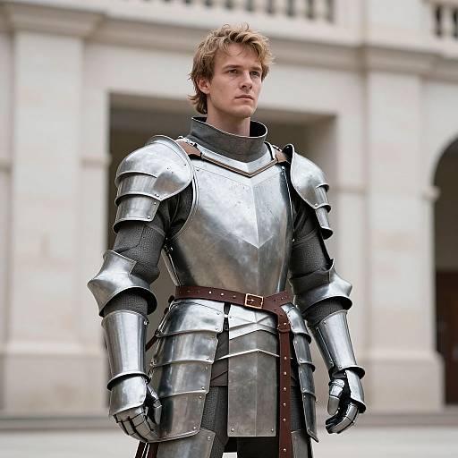 Photograph of a young, blonde, white male in shiny silver medieval armor with a brown belt, standing confidently in front of a grand, stone building
