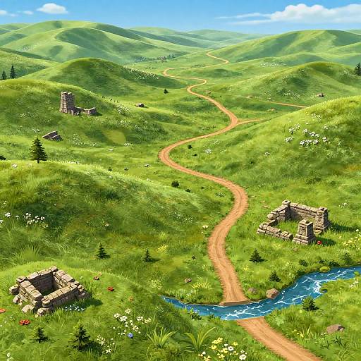 Digital illustration of a lush, green hillside with a winding dirt path, two stone ruins, and a small blue river. Bright blue sky with fluffy