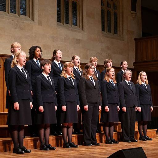 Photograph of a mixed-gender choir in black suits and skirts standing in a church-like setting, singing, with wooden pews and stone walls in