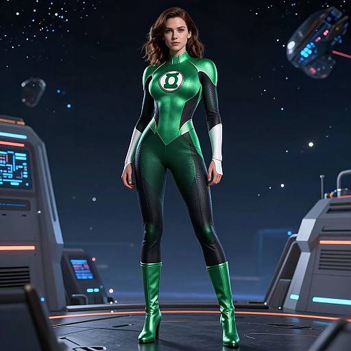 CGI image of a strong, dark-haired woman in a green and black, form-fitting superhero suit with glowing emblem, standing in a futuristic,