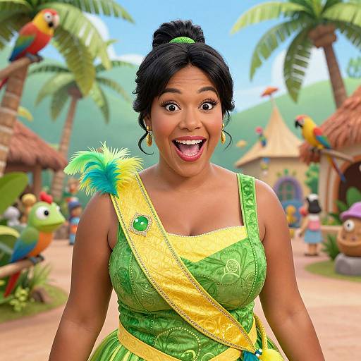 Photorealistic CGI of a surprised Indian woman with dark skin, black hair in a bun, wearing a green and yellow sari, standing in a