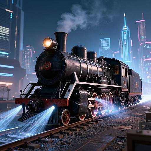 Photorealistic CGI of a black steam locomotive with glowing blue exhaust and headlights, set against a futuristic city skyline with neon lights.