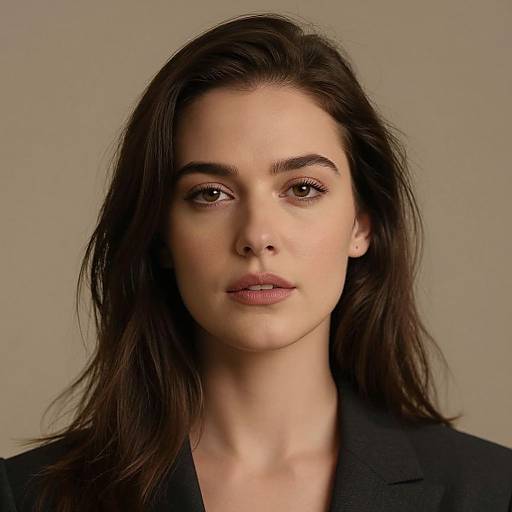 Photograph of a young woman with fair skin, dark brown hair, and brown eyes, wearing a black blazer, against a beige background.