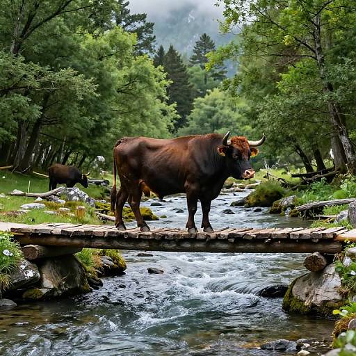 Photograph of a large brown cow with prominent horns standing on a wooden bridge over a flowing stream in a lush, green forest.
