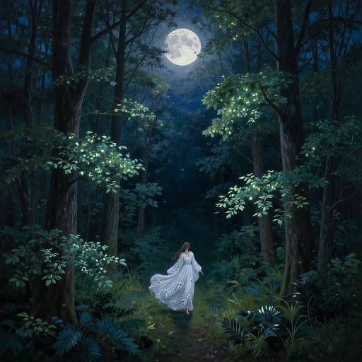 Digital fantasy artwork of a woman in a flowing white dress, standing under a glowing full moon in a dark, enchanted forest.