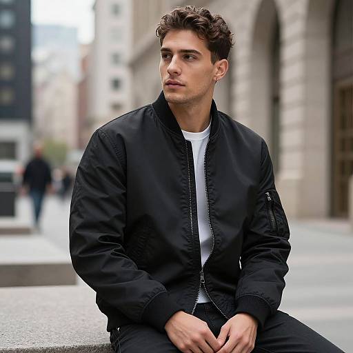 Photograph of a young, handsome man with curly brown hair, wearing a black jacket over a white shirt, sitting on a city street, with blurred