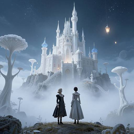 Digital fantasy illustration: Two children in Victorian dresses, backlit by a glowing, ethereal castle, surrounded by white, mushroom-like trees under a star