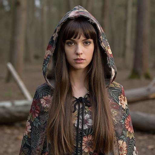 Photograph of a young woman with long brown hair, wearing a floral-patterned hooded cloak in a forest, with blurred trees in the background.