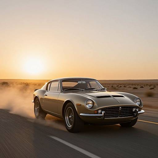 Photograph of a silver vintage muscle car driving on a desert road at sunset, kicking up dust, with a golden sky.