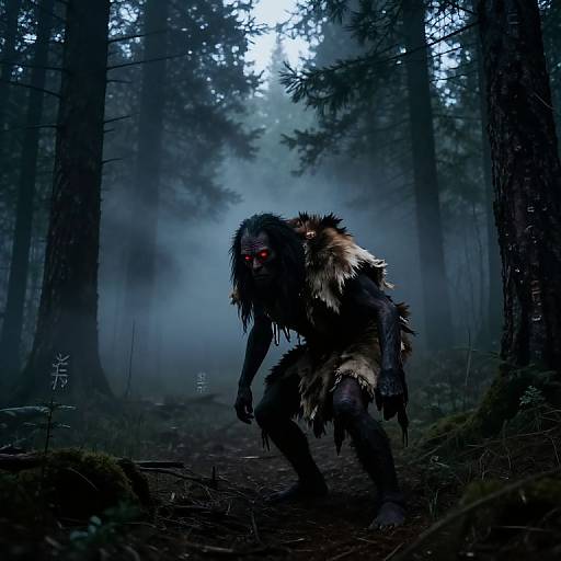 Digital artwork of a menacing, red-eyed werewolf in tattered fur, standing in a dark, misty forest with tall, shadowy trees.