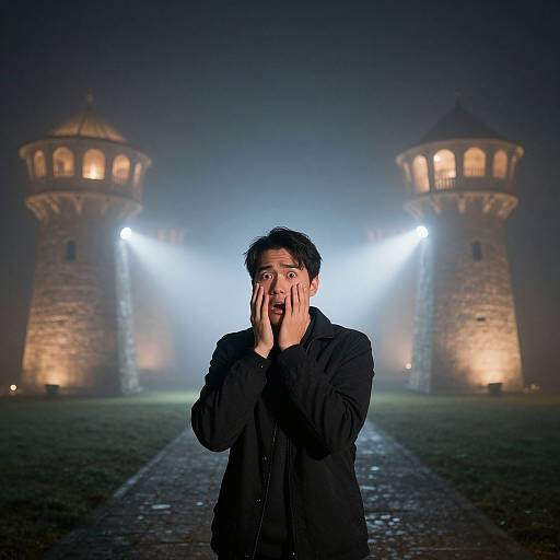 Photograph of a startled man in a black jacket, hands covering face, standing in front of illuminated, foggy stone towers at night.