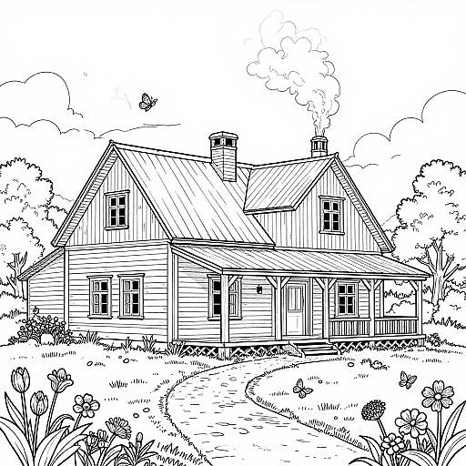 Rustic Country Farmhouse Line Art