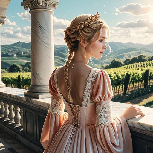 Aristocratic Woman in Velvet Gown on Marble Terrace