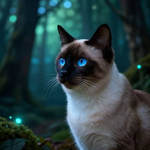Photograph of a Siamese cat with striking blue eyes, black ears and face, and white fur, standing in a mystical, blue-lit