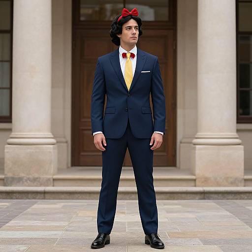 Photograph of a young man with dark curly hair, wearing a black suit, white shirt, red bow tie, and red bow, standing confidently in