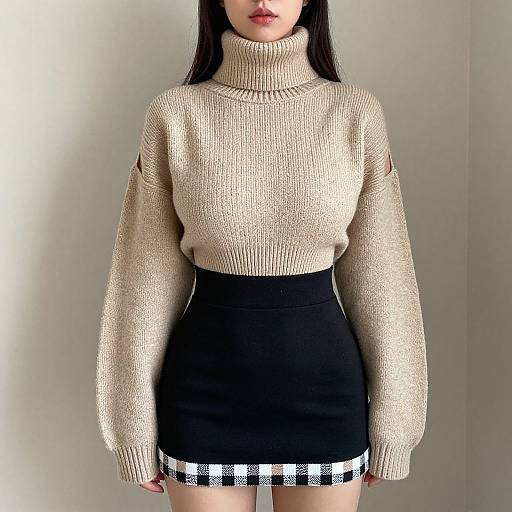 Photograph of an Asian woman with long black hair wearing a beige turtleneck sweater and black high-waisted skirt with checkered hem.