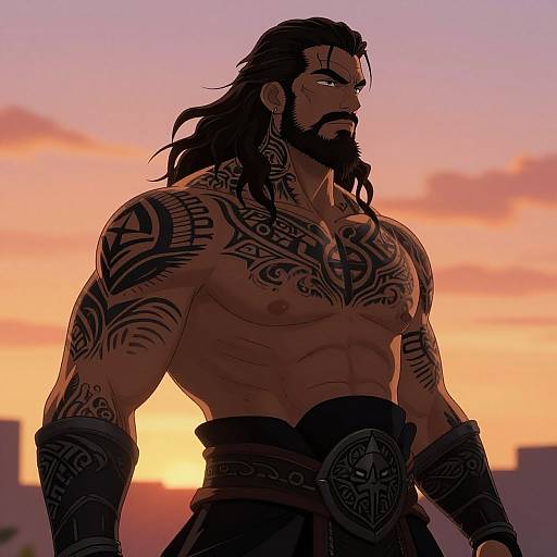 Muscular, tattooed man with long black hair and beard stands silhouetted against a colorful sunset. Wearing tribal armor, he exudes