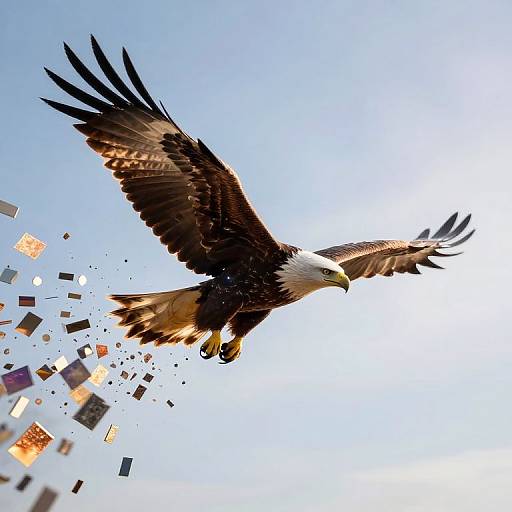 Photograph of a majestic bald eagle with outstretched wings soaring against a bright blue sky, surrounded by scattered colorful photos.