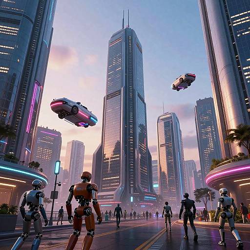 Digital CGI of a futuristic cityscape at dusk, featuring towering skyscrapers, neon lights, flying hovercars, and robotic pedestrians on a busy street