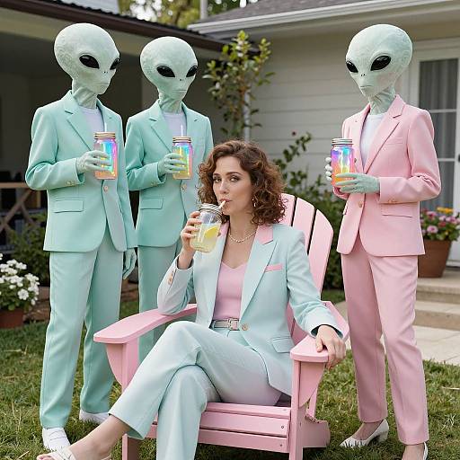 Photograph of a curly-haired woman in light blue suit, sipping drink, seated on pink chair, flanked by three alien men in pastel