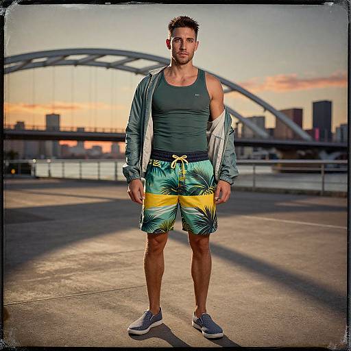 Photograph of a muscular, short-haired man in a green tank top, open gray jacket, colorful tropical-patterned shorts, and blue sneakers, standing