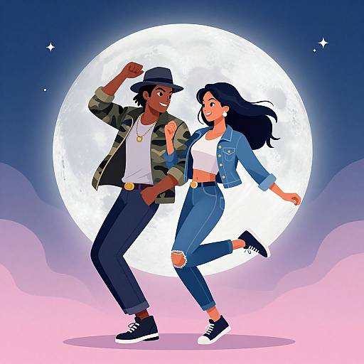 Digital illustration of a black man and Latina woman dancing under a full moon, wearing casual outfits and hats, with a pink and purple sky background.