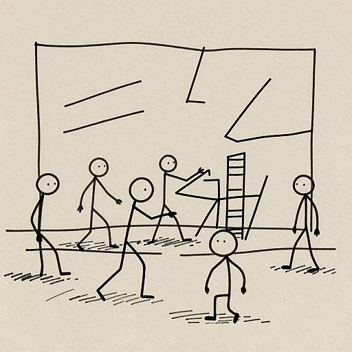 Black and white line drawing of stick-figure people running and pointing towards a large, abstract building with a ladder.