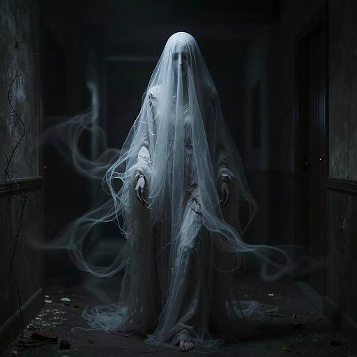 Ghostly Figure in Dim Corridor