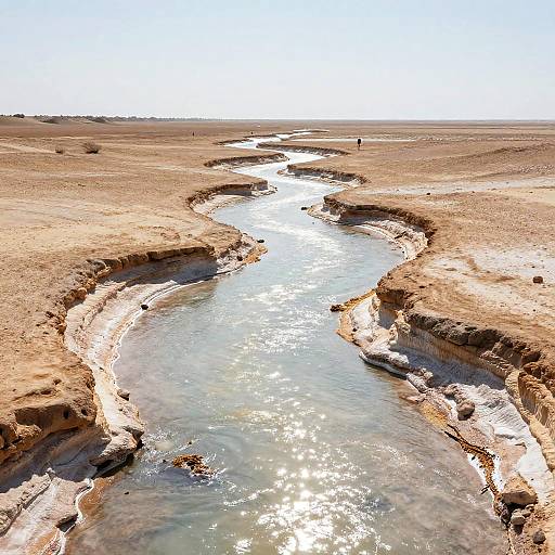 Photograph of a winding, shallow river cutting through a dry, rocky desert landscape under a clear, bright blue sky.