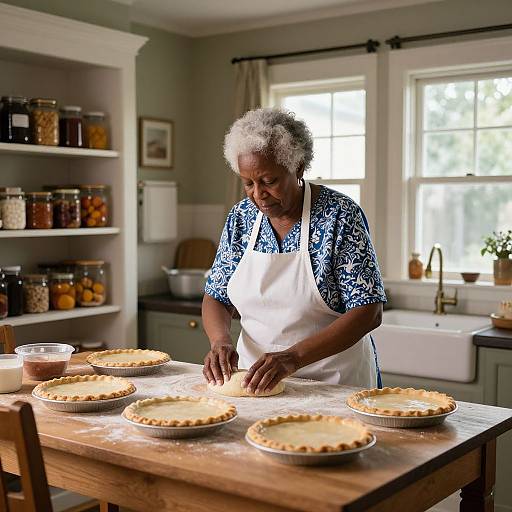 Photograph of an elderly Black woman with short gray hair, wearing a blue patterned shirt and white apron, making pies in a bright, rustic