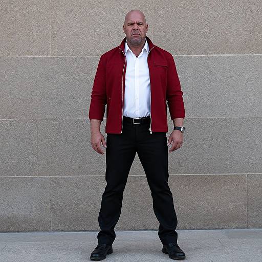 Photograph of a bald, middle-aged man with a beard, wearing a red jacket, white shirt, black pants, and black shoes, standing against
