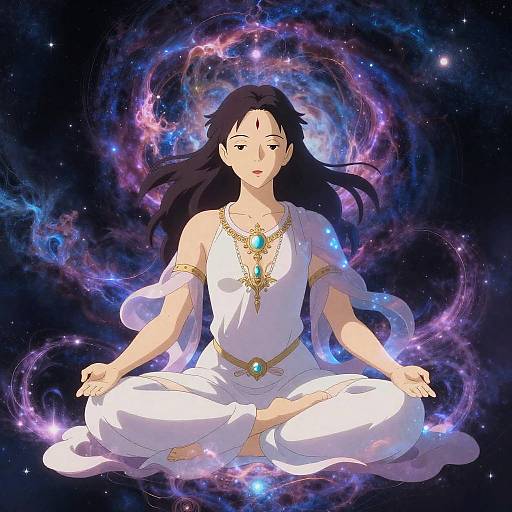Digital anime-style illustration of a serene, dark-haired woman in a white, jewel-embellished dress, meditating in a cosmic, purple-blue