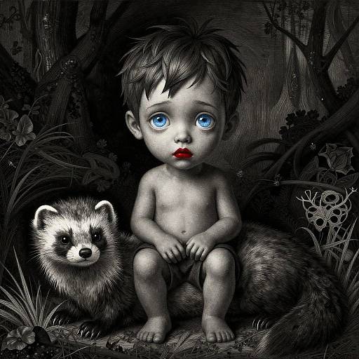 Digital drawing of a big-eyed, gray-skinned, red-lipped baby with dark hair, sitting in a dark, detailed forest, next to a