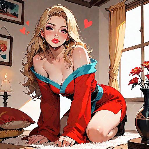 Blonde Woman in Red Kimono Kneeling Indoors