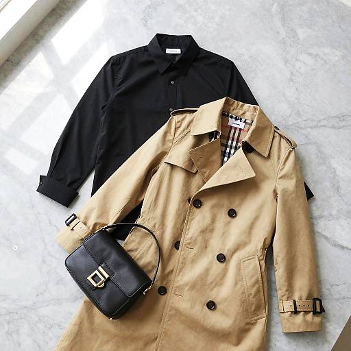 Photograph of a black long-sleeve button-up shirt and beige trench coat with black buttons and buckle details, paired with a black leather handbag