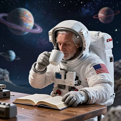 Elderly Astronaut's Cosmic Reading Moment