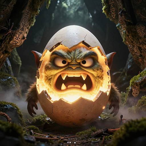 CGI image of a furious, green-skinned, angry-faced, egg-like creature with sharp teeth and glowing cracks, emerging from a dark, moss